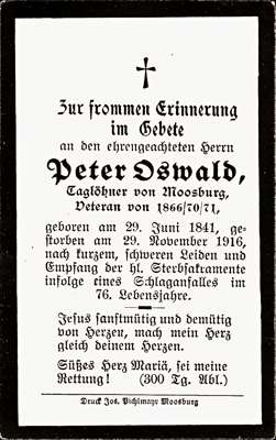 Sterbebildchen Peter Oswald, *29.06.1841 †29.11.1916