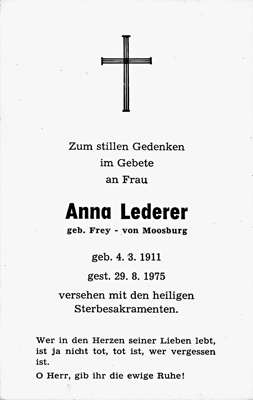 Sterbebildchen Anna Lederer, *04.03.1911 †29.08.1975