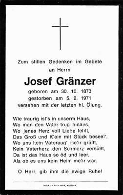 Sterbebildchen Josef Grnzer, *30.10.1873 †05.02.1971