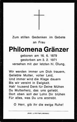 Sterbebildchen Philomena Grnzer, *16.06.1879 †03.02.1971