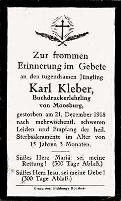 Sterbebildchen Karl Kleber, *1903 †21.12.1918