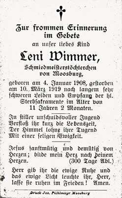 Sterbebildchen Leni Wimmer, *04.01.1908 †10.03.1919