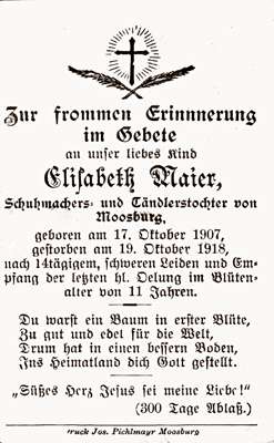 Sterbebildchen Elisabeth Maier, *17.10.1907 †19.10.1918