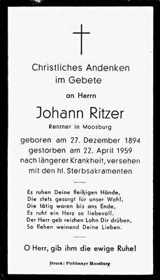 Sterbebildchen Johann Ritzer, *27.12.1894 †22.04.1959