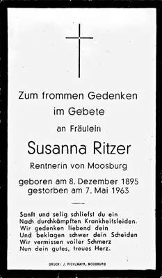 Sterbebildchen Susanna Ritzer, *08.12.1895 †07.05.1963