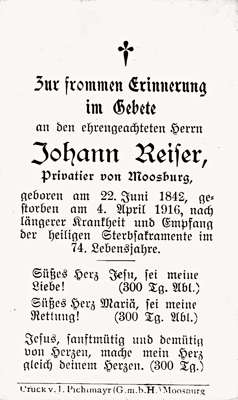 Sterbebildchen Johann Reiser, *22.06.1842 †04.04.1916
