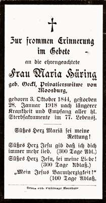 Sterbebildchen Maria Hring, *03.10.1844 †28.01.1918