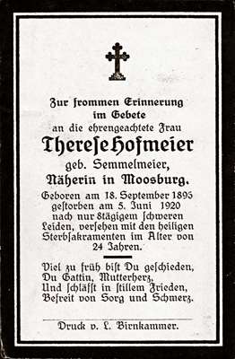 Sterbebildchen Therese Hofmeier, *18.09.1896 †05.06.1920