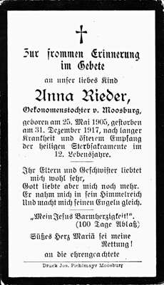 Sterbebildchen Anna Rieder, *25.05.1905 †31.12.1917