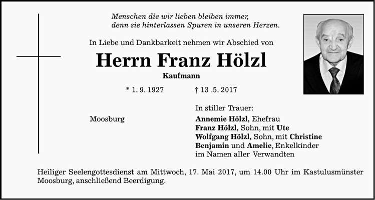 Todesanzeige Franz Hlzl, *01.09.1927 †13.05.2017