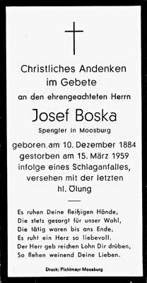 Sterbebildchen Josef Boska, *10.12.1884 †15.03.1959