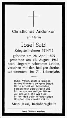 Sterbebildchen Josef Satzl, *28.04.1895 †16.08.1965