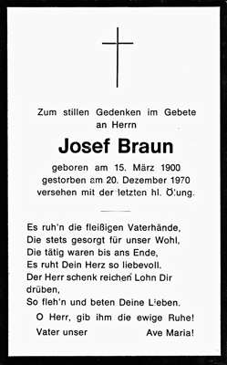 Sterbebildchen Josef Braun, *15.03.1900 †20.12.1970