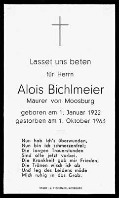 Sterbebildchen Alois Bichlmeier, *01.01.1922 †01.10.1963