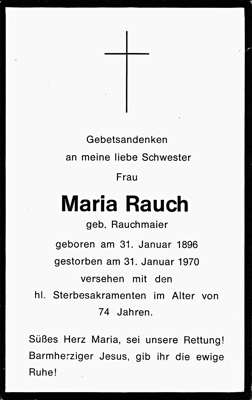 Sterbebildchen Maria Rauch, *31.01.1896 †31.01.1970