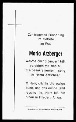 Sterbebildchen Maria Arzberger, *? †10.01.1968