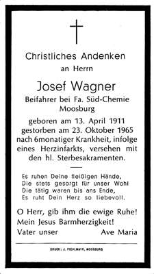 Sterbebildchen Josef Wagner, *13.04.1911 †23.10.1965