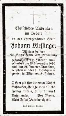 Sterbebildchen Johann Klessinger, *17.02.1896 †25.11.1950