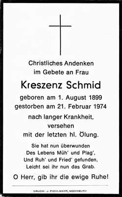 Sterbebildchen Kreszenz Schmid, *01.08.1899 †21.02.1974