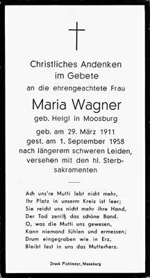 Sterbebildchen Maria Wagner, *29.03.1911 †01.09.1958