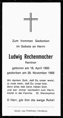 Sterbebildchen Ludwig Rechenmacher, *18.04.1893 †26.11.1969