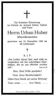 Sterbebildchen Urban Huber, *1890 †12.12.1958