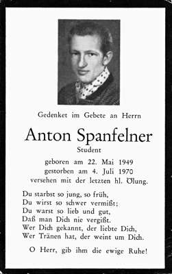 Sterbebildchen Anton Spanfelner, *22.05.1949 †04.07.1970