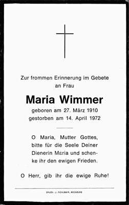 Sterbebildchen Maria Wimmer, *27.03.1910 †14.04.1972