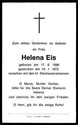 Sterbebildchen Helena Eis, *17.08.1896 †10.01.1972