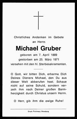 Sterbebildchen Michael Gruber, *07.04.1889 †25.03.1971