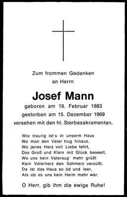 Sterbebildchen Josef Mann, *19.02.1883 †15.12.1969