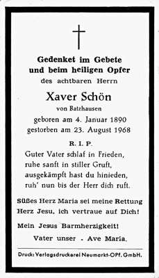 Sterbebildchen Xaver Schn, *04.01.1890 †23.08.1968