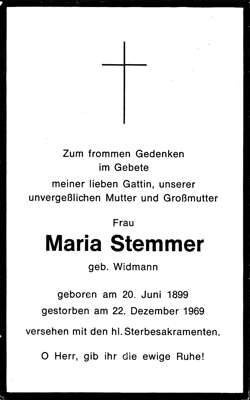 Sterbebildchen Maria Stemmer, *20.06.1899 †22.12.1969