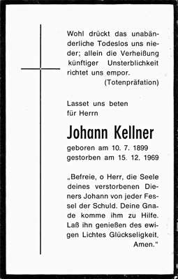 Sterbebildchen Johann Kellner, *10.07.1899 †15.12.1969