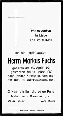 Sterbebildchen Markus Fuchs, *19.04.1891 †14.03.1969