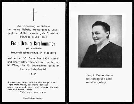 Sterbebildchen Ursula Kirchammer, *01.04.1889 †30.12.1958