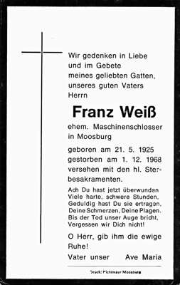 Sterbebildchen Franz Wei, *21.05.1925 †01.12.1968