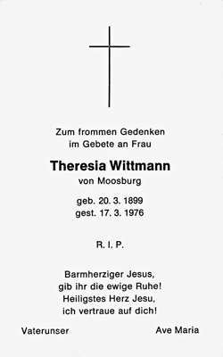 Sterbebildchen Theresia Wittmann, *20.03.1899 †17.03.1976