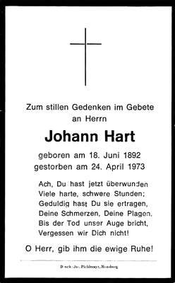 Sterbebildchen Johann Hart, *18.06.1892 †24.04.1973