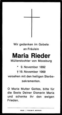 Sterbebildchen Maria Rieder, *09.11.1892 †19.11.1969