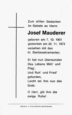 Sterbebildchen Josef Mauderer, *07.10.1901 †20.11.1973