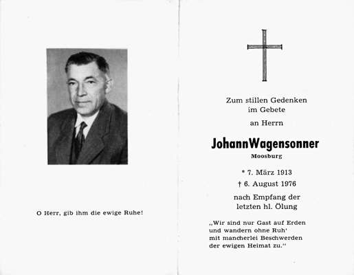 Sterbebildchen Johann Wagensonner, *07.03.1913 †06.08.1976