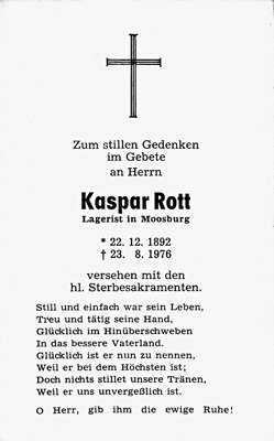 Sterbebildchen Kaspar Rott, *22.12.1892 †23.08.1976