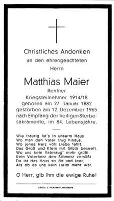 Sterbebildchen Matthias Maier, *27.01.1882 †12.12.1965