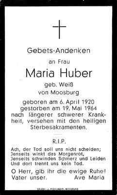 Sterbebildchen Maria Huber, *06.04.1920 †19.05.1964