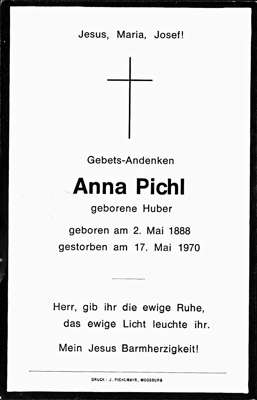 Sterbebildchen Anna Pichl, *02.05.1888 †17.05.1970