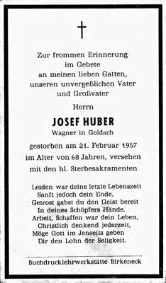Sterbebildchen Josef Huber, *1889 †21.02.1957
