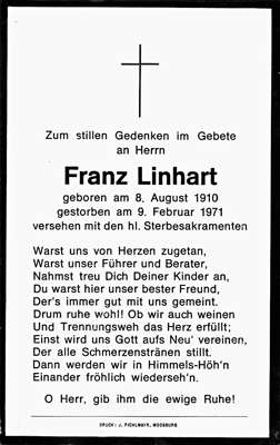 Sterbebildchen Franz Linhart, *08.08.1910 †09.02.1971