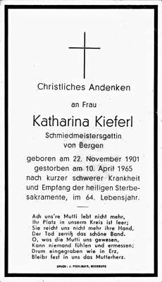 Sterbebildchen Katharina Kieferl, *22.11.1901 †10.04.1965