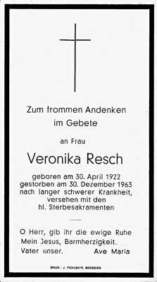 Sterbebildchen Veronika Resch, *30.04.1922 †30.12.1963